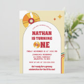 イエローレトロ第1子供の誕生日Groovyパーティービニル 招待状 (スタンド正面)