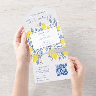 イエローレモンつる植物結婚式招待状とRSVP オールインワン招待状