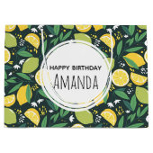 イエローレモンとグリーンライムフルーツパターン誕生日 ラージペーパーバッグ (正面)