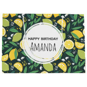 イエローレモンとグリーンライムフルーツパターン誕生日 ラージペーパーバッグ (裏面)