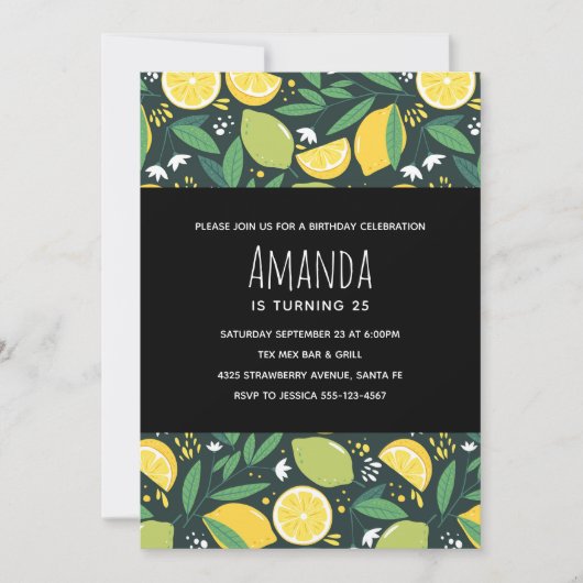 イエローレモンとグリーンライムフルーツパターン誕生日 招待状 (正面)
