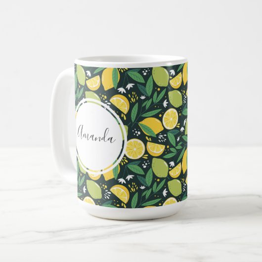 イエローレモンとグリーンライムフルーツパターン コーヒーマグカップ (正面左)