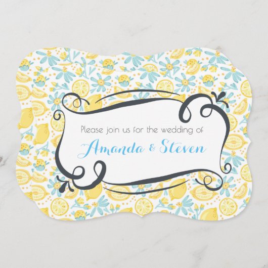 イエローレモンとブルーフラワーウェディング招待 招待状 (正面/裏面)