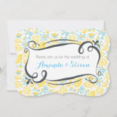 イエローレモンとブルーフラワーウェディング招待 招待状 (正面)