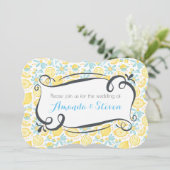 イエローレモンとブルーフラワーウェディング招待 招待状 (スタンド正面)