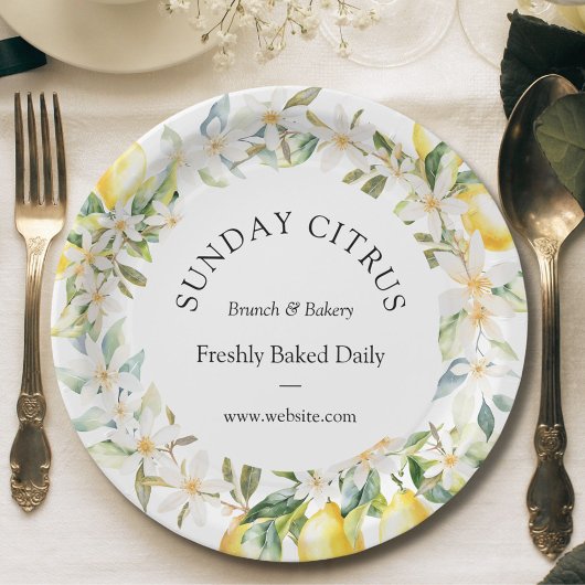 イエローレモンとホワイトフラワーズフローラリース ペーパープレート