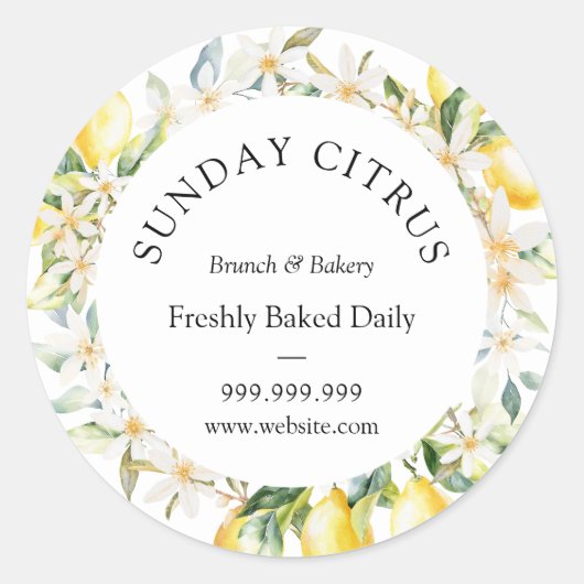 イエローレモンとホワイトフラワーズフローラリース ラウンドシール (正面)