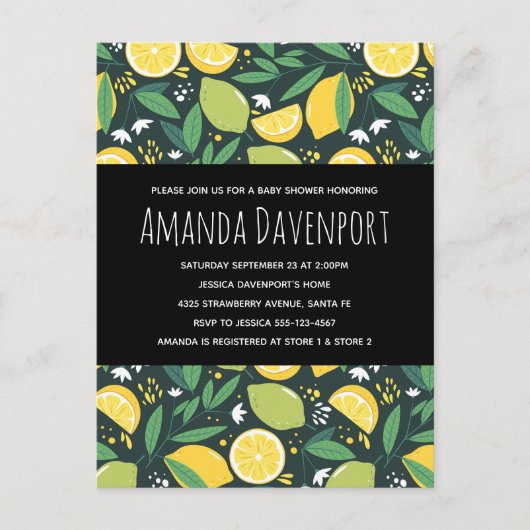 イエローレモンとライムフルーツ柄ベビーシャワー インビテーションポストカード (正面)