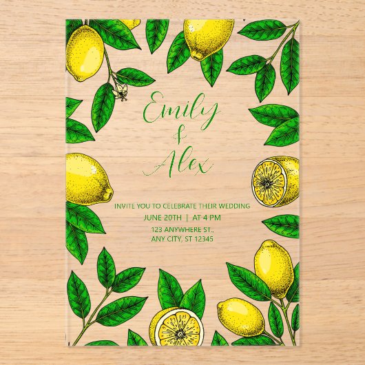 イエローレモンと葉の緑アクリル招待状 アクリル招待状 (正面)