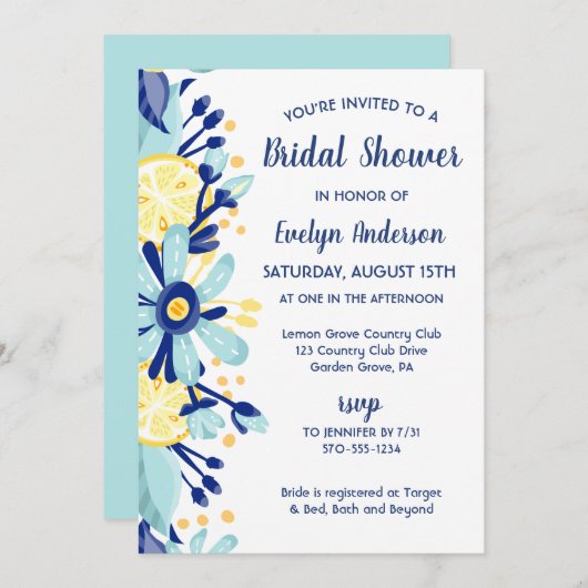 イエローレモンズミントグリーンアンドブルーブライダルシャワー 招待状 (正面/裏面)