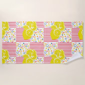 イエローレモンピンクストライプ色パステルサークル ビーチタオル (正面)