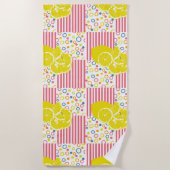 イエローレモンピンクストライプ色パステルサークル ビーチタオル (正面)