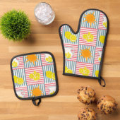 イエローレモンピンクストライプ色 鍋つかみ&鍋敷きセット (トップダウン)