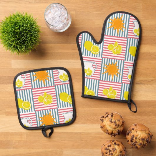 イエローレモンピンクストライプ色 鍋つかみ&鍋敷きセット (トップダウン)