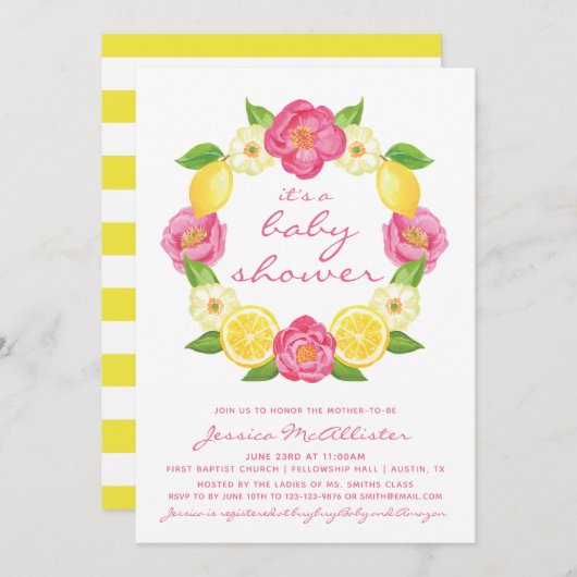 イエローレモンピンクロセスストライプガールベビーシャワー 招待状 (正面/裏面)