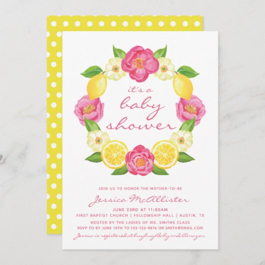 イエローレモンピンクローズリースガールベビーシャワー 招待状 (正面/裏面)