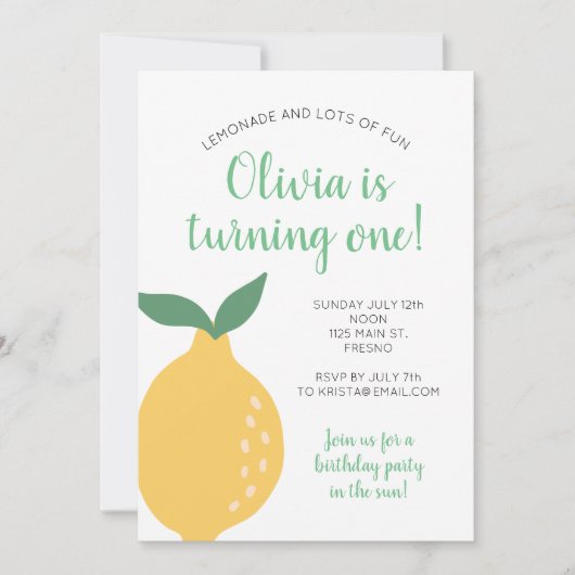 イエローレモンファースト誕生日ターニングワン誕生日 招待状 (正面)