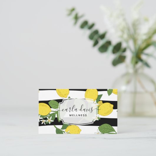 イエローレモンフルーツシトラスフローラ植物学ストライプの 名刺 (スタンド正面)