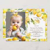 イエローレモンフルーツシトラス最初の誕生日の写真 招待状 (正面/裏面)