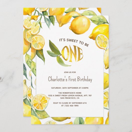 イエローレモンフルーツシトラス最初の1歳の誕生日 招待状 (正面/裏面)