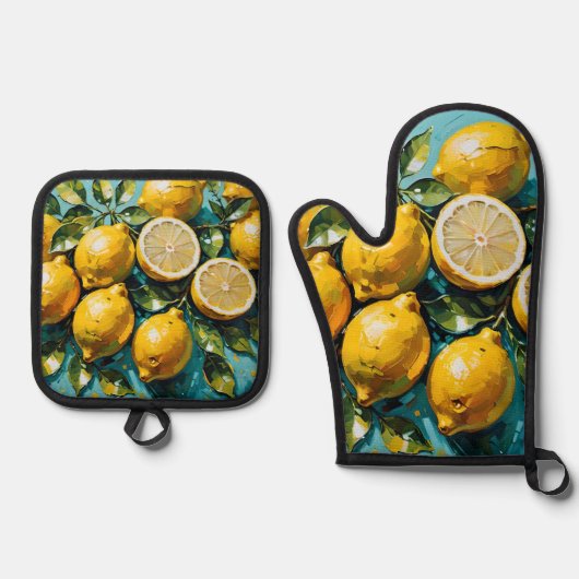イエローレモンプリント 鍋つかみ&鍋敷きセット (正面)