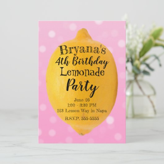 イエローレモンレモネードピンク誕生日パーティー 招待状 (スタンド正面)
