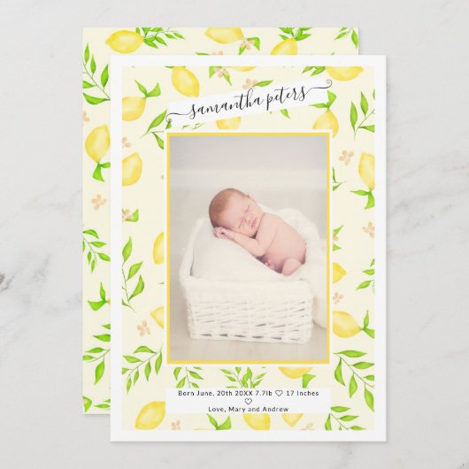 イエローレモン果実水彩写真ベビー誕生 案内状 (正面/裏面)