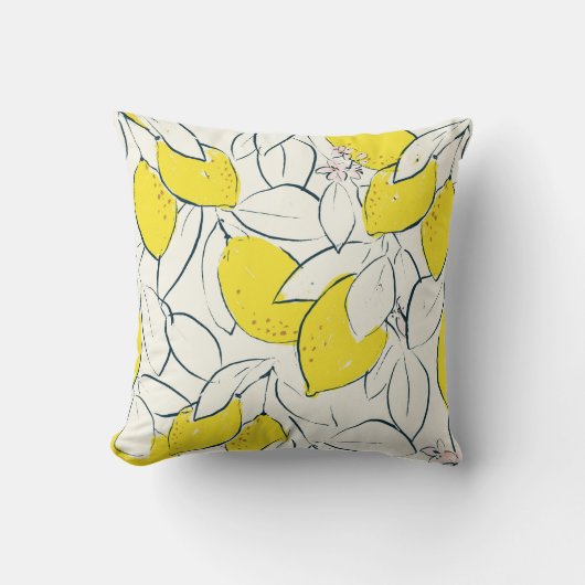 イエローレモン柑橘の手描きイラストレーション  クッション (正面)