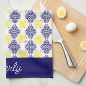 イエローレモン模様のネイビーダマスク キッチンタオル (四つ折り)