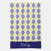 イエローレモン模様のネイビーダマスク キッチンタオル (縦)