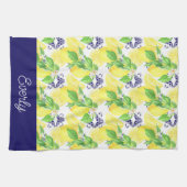 イエローレモン模様のネイビーダマスク キッチンタオル (横)