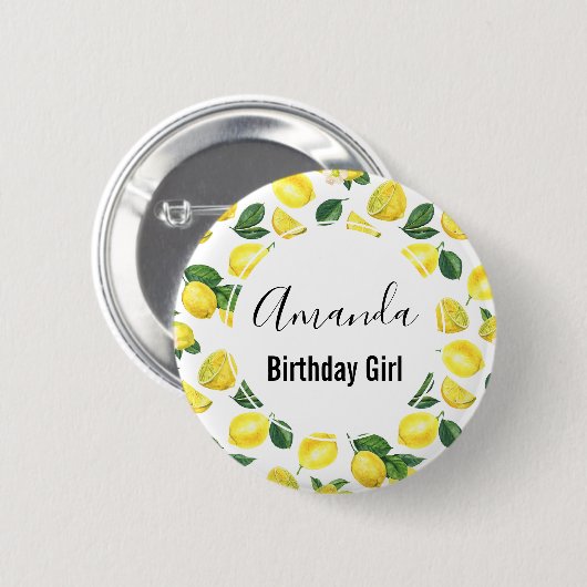 イエローレモン水の色のパターン誕生日ガール 缶バッジ (正面&裏面)