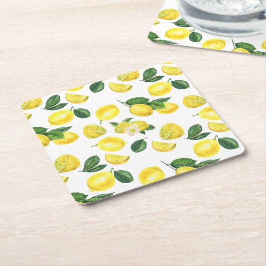 イエローレモン水彩果実模様 スクエアペーパーコースター (アングル)