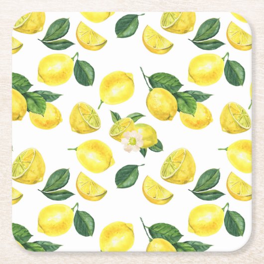 イエローレモン水彩果実模様 スクエアペーパーコースター (正面)