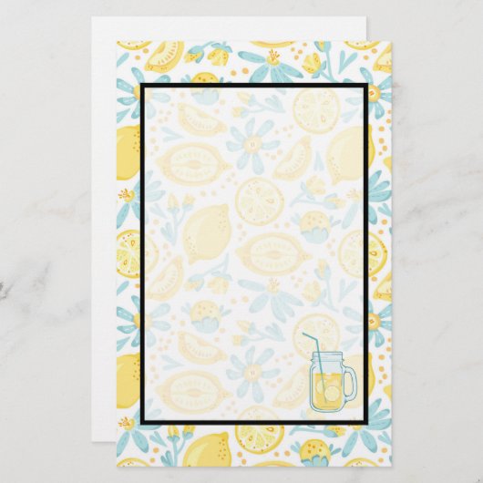 イエローレモン&パステルブルーフラワーズ&レモネードジャー 便箋 (正面/裏面)