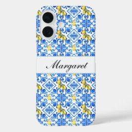 イエローレモン ブルー タイル 水彩 モノグラム 名前 iPhone 16ケース