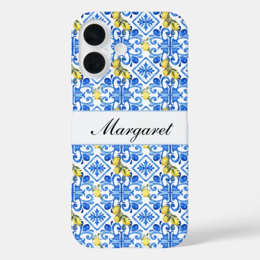 イエローレモン ブルー タイル 水彩 モノグラム 名前 Case-Mate iPhoneケース (裏面)