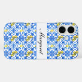 イエローレモン ブルー タイル 水彩 モノグラム 名前 Case-Mate iPhoneケース (裏面 (横))