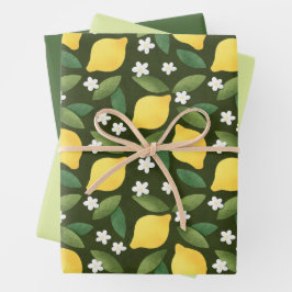 イエローレモン、離れ緑の花、白い花 ラッピングペーパーシート