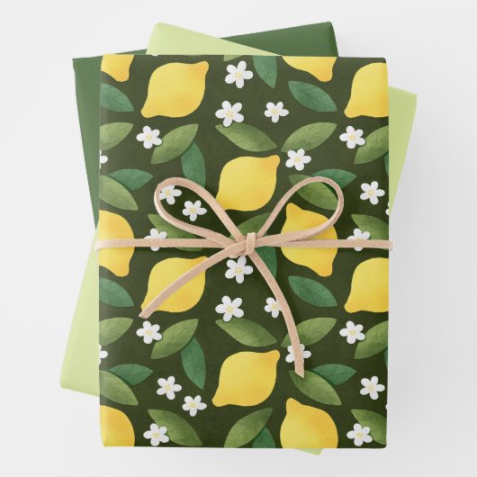 イエローレモン、離れ緑の花、白い花 ラッピングペーパーシート (インサイチュ)