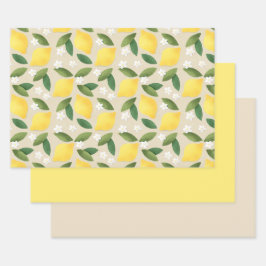 イエローレモン、離れ緑の花、白い花 ラッピングペーパーシート
