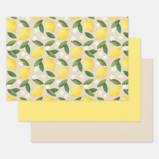 イエローレモン、離れ緑の花、白い花 ラッピングペーパーシート (セット)