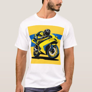 イエローレーシングオートバイ及びライダーイラストレーション Tシャツ