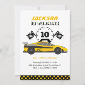 イエローレーシングカーレースクッズボーイズ誕生日 招待状 (正面)