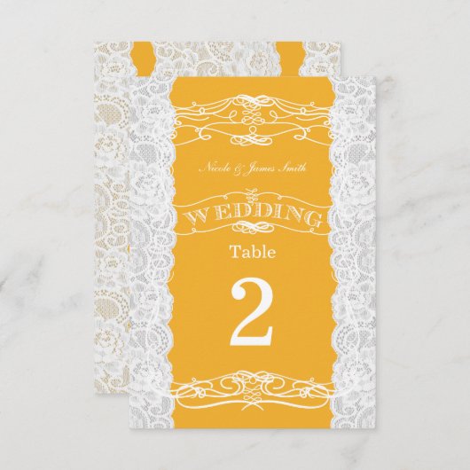 イエローレースとホワ結婚イトレースのテーブル番号カード 招待状 (正面/裏面)
