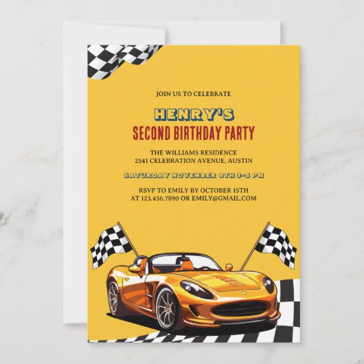 イエローレースカーテーマボーイ2nd誕生日パーティー 招待状 (正面)