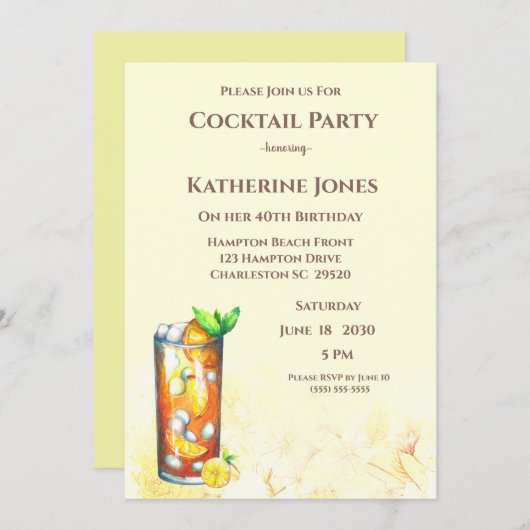 イエローロングアイランドティー誕生日カクテルパーティー 招待状 (正面/裏面)