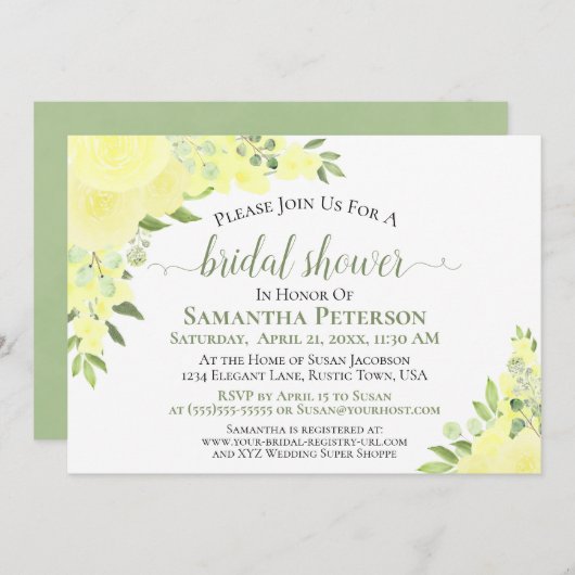 イエローローズウォーターカラーボホフローラブライダルシャワー 招待状 (正面/裏面)