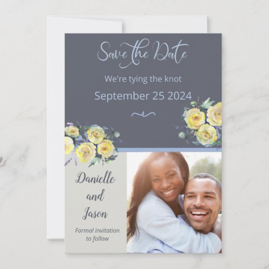 イエローローズオンネイビーフォトセーブザデート 案内状 (正面)