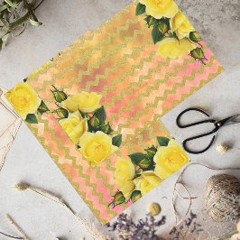 イエローローズオンフェイク金ゴールドグリッターシェブロンパターン 薄葉紙